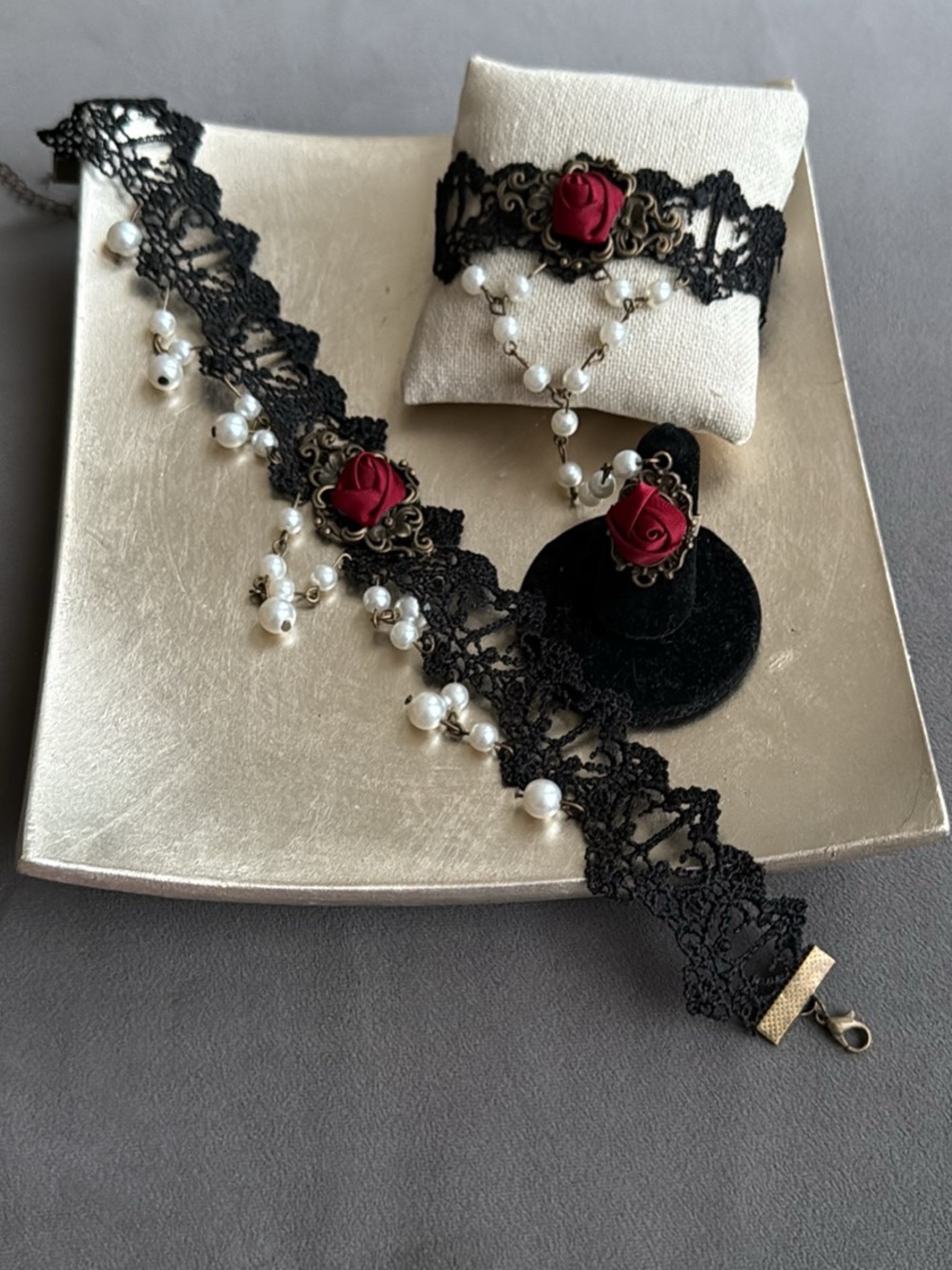 Victorian Lace Choker Necklace Set Black Lace Red Rose Pearls Goth Emu